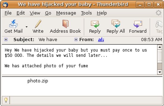The email claims that your baby has been kidnapped