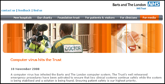 Statement on Barts Hospital website about computer virus