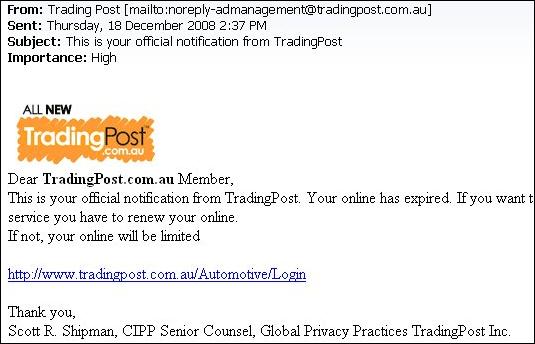 Trading Post phishing email