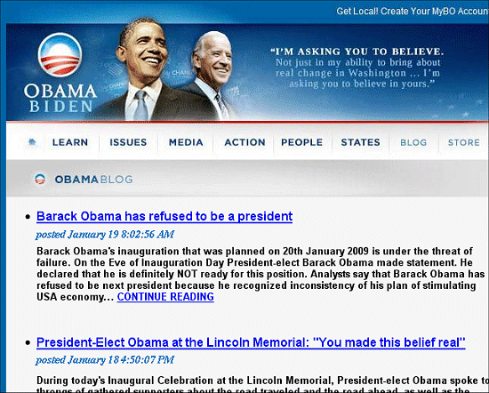 Fake Barack Obama webpage