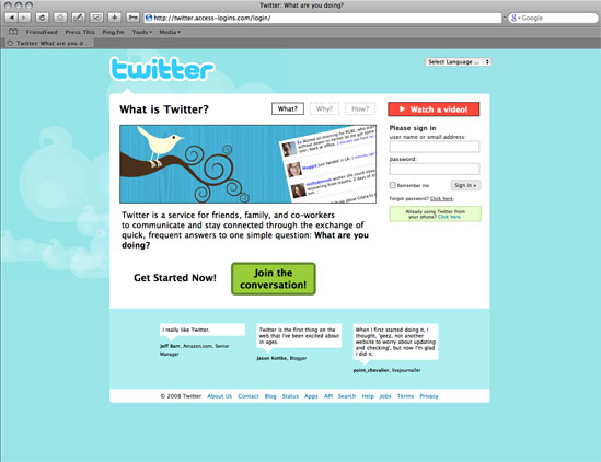 Twitter phishing web page