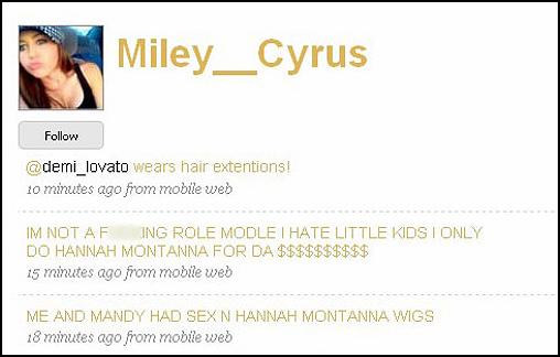 Miley Cyrus hacked on Twitter