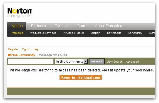 Missing messages on Norton forum