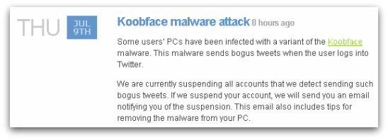 Warning about Koobface from Twitter