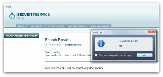 MI5 website demonstrating XSS vulnerability
