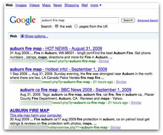 Malicious search results related to fires in California
