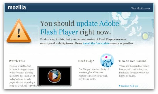 Firefox warns of out-of-date version of Adobe Flash