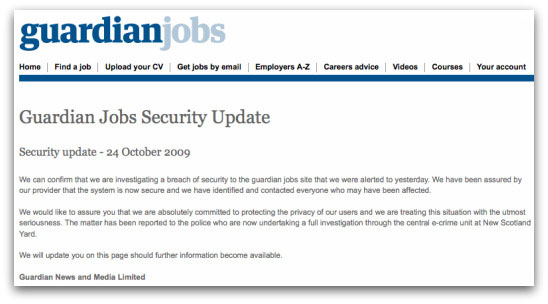 The warning posted by the Guardian Jobs website