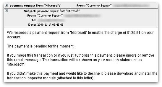 Payment request malware email example