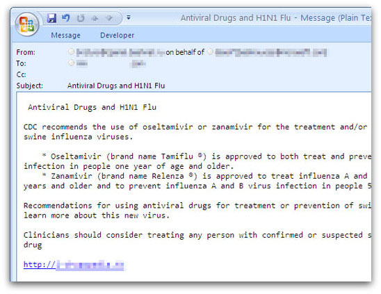 Spam message promoting Tamiflu on a pharmacy website