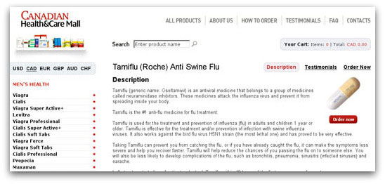 An online pharmacy selling Tamiflu