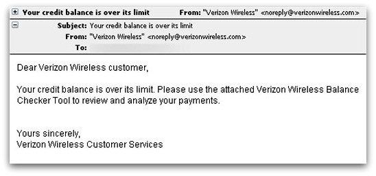Bogus email claiming to come from Verizon Wireless