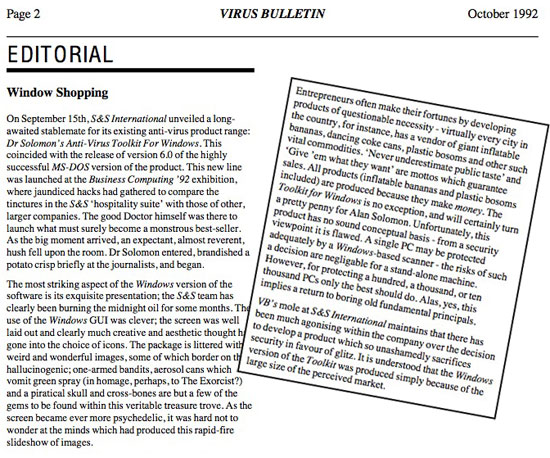 Excertp from Virus Bulletin editorial, October 1992