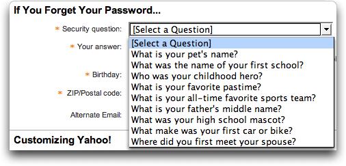 Yahoo password reminder questions