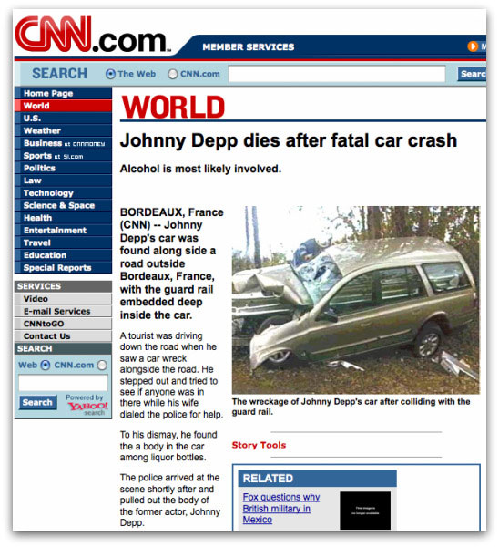 Fake CNN webpage about Johnny Depp car crash
