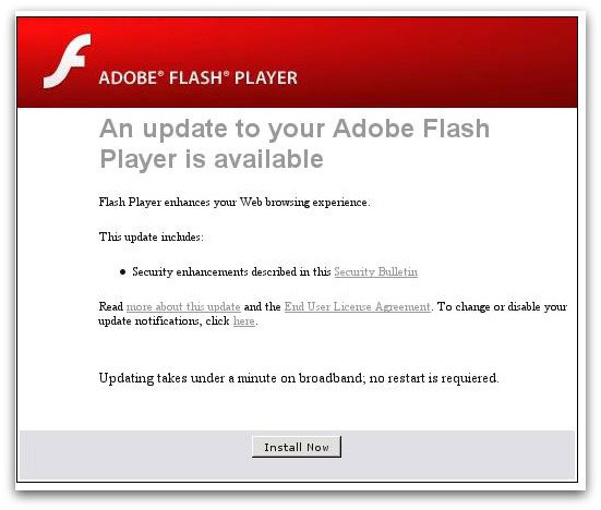 Webpage encouraging users to download a malicious Flash update