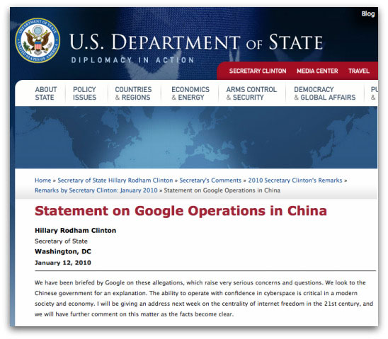 Clinton statement on Google / China spat