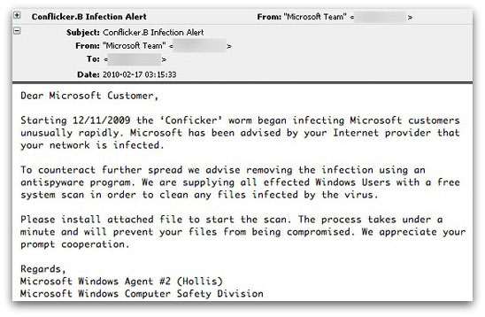 Malicious email posing as a warning about the Conficker worm
