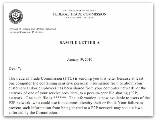 Sample FTC notification about data loss on P2P file-sharing networks