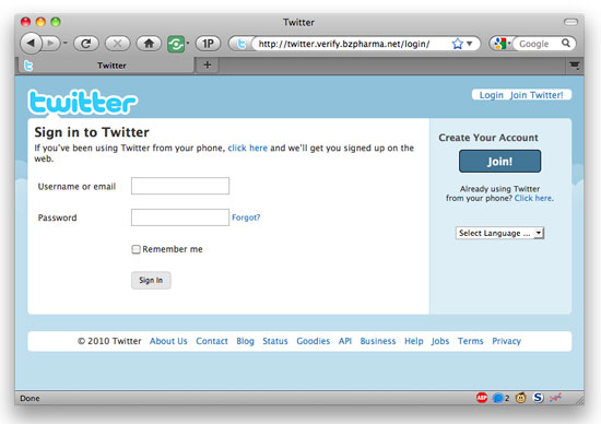 Twitter phishing website on bzpharma.net