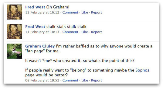 Posting from Fred West on Facebook Fan Page for Graham Cluley