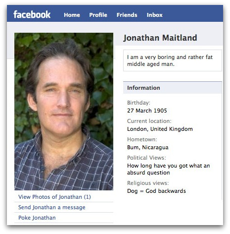 Jonathan Maitland on Facebook, with fake personal information