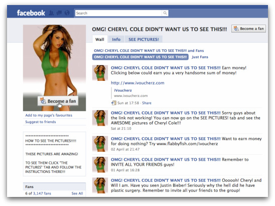 Fake page on Facebook about Cheryl Cole