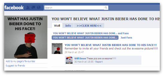 Fake page on Facebook about Justin Bieber