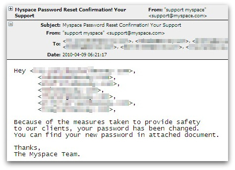 Bogus MySpace password reset confirmation email