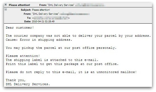 Please attention email pretending to be from DHL