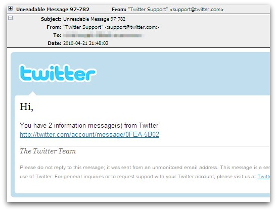 Spam email pretending to come from Twitter support