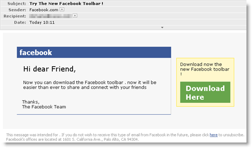 Screenshot of Facebook malware spam
