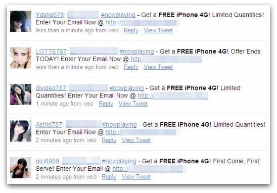 Free iPhone 4G tweets posted by spammers