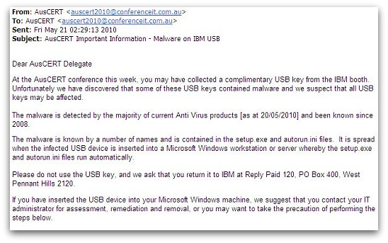 Email from IBM about malware on USB stick