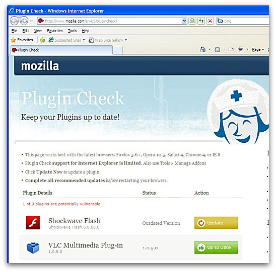 Mozilla checking for out-of-date plugins for Internet Explorer
