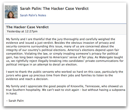 Sarah Palin comments on hacking verdict