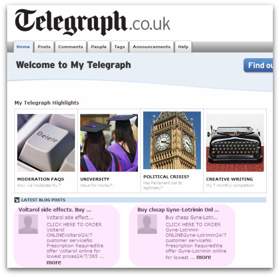 Blogs set up by spammers on my.telegraph.co.uk