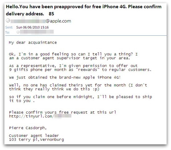 Spam message about iPhone 4G
