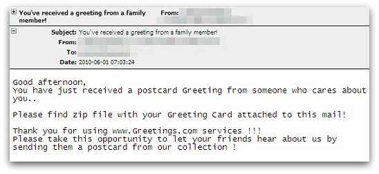 Malicious greeting card message