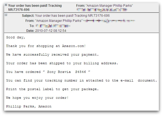Malicious Amazon tracking email