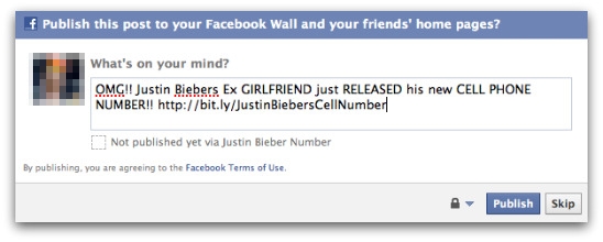 Justin Bieber cell phone number posting on Facebook