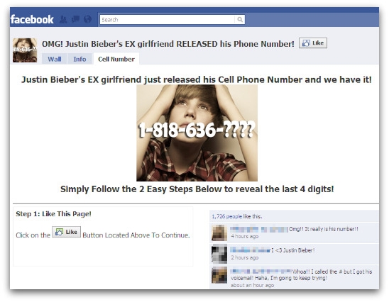 Justin Bieber's cell phone name page on Facebook