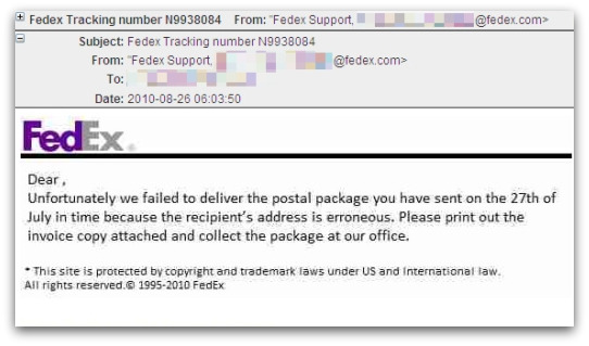 Malicious email, pretending to come from Fedex