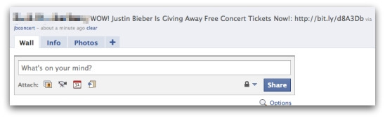 Status updated with bogus message about Justin Bieber tickets
