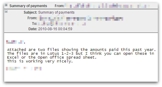 Summary of payments malicious email
