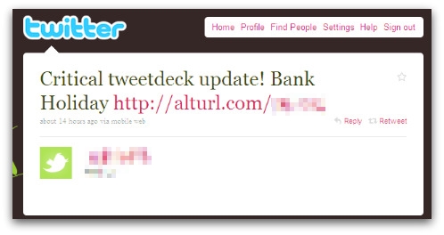Tweet pointing to fake TweetDeck update