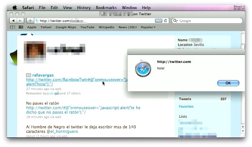 Twitter security flaw popping up a message box