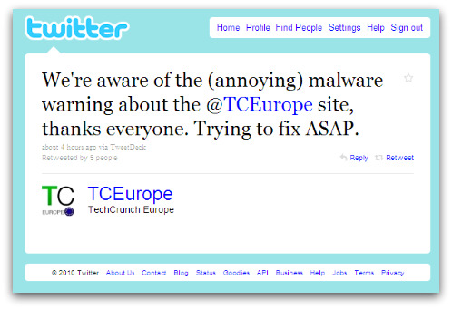 TechCrunch tweets out warning