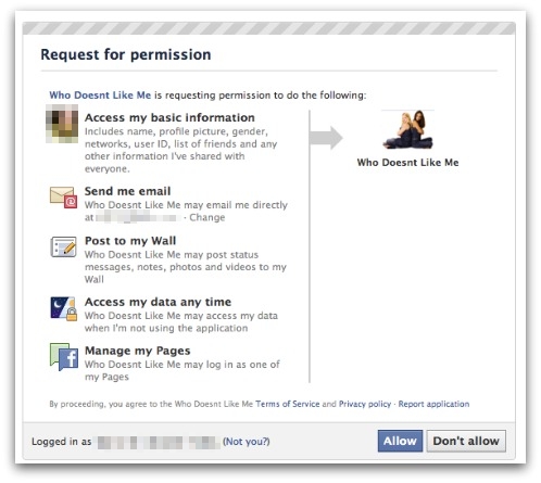 Facebook application requesting permission to access your personal information