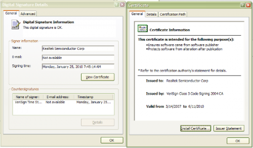 Screenshot of Stuxnet stolen certificates